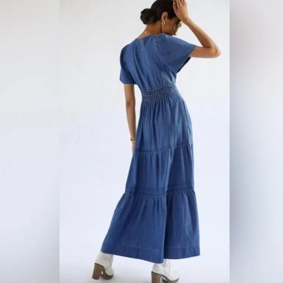 Anthropologie Somerset Maxi Dress Denim Chambray Western Tiered size L - Picture 6 of 16